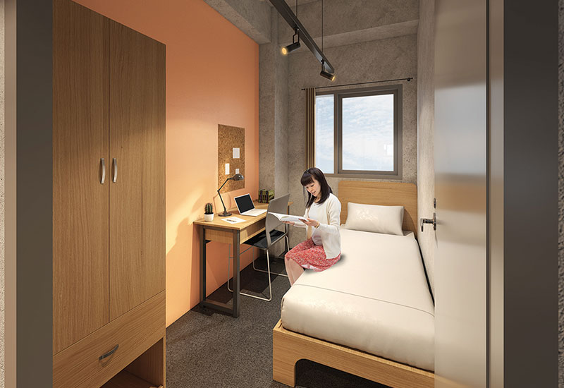 All bedrooms are furnished with a bed, a closet, a desk, and a safe locker.